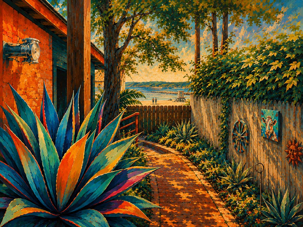 a painting of a colorful plant next to a brick path